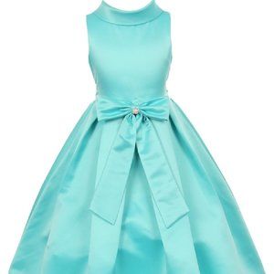 Little Girls Bridal Dull Satin Bow Rhinestone Easter Flowers Girls Dress Aqua